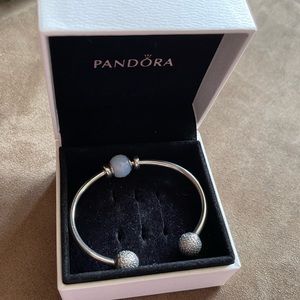 Open Bangle Pandora Bracelet CZ Clasp, 2 Stoppers, 1 Pandora Charm
